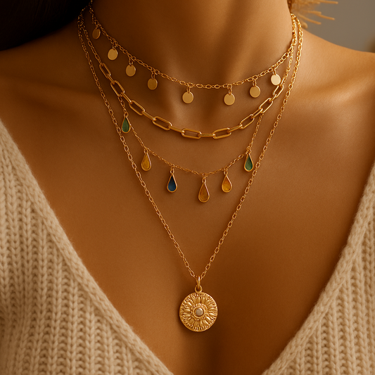 Layered gold necklaces with pendants and colorful teardrop charms on a woman's neck, paired with a cream knit sweater. Fashion jewelry close-up.