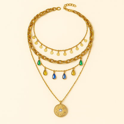 Multi-Layered Gold-Tone Necklace with Colorful Drop Charms