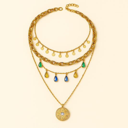 Multi-Layered Gold-Tone Necklace with Colorful Drop Charms
