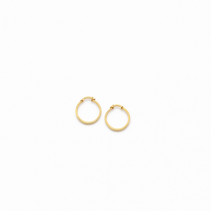 Gold hoop earrings on white background, minimalist jewelry, small round hoops, elegant fashion accessory, women's gold earrings, simple design.