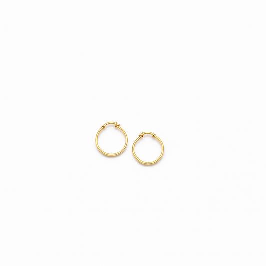 Gold hoop earrings on white background, minimalist jewelry, small round hoops, elegant fashion accessory, women's gold earrings, simple design.