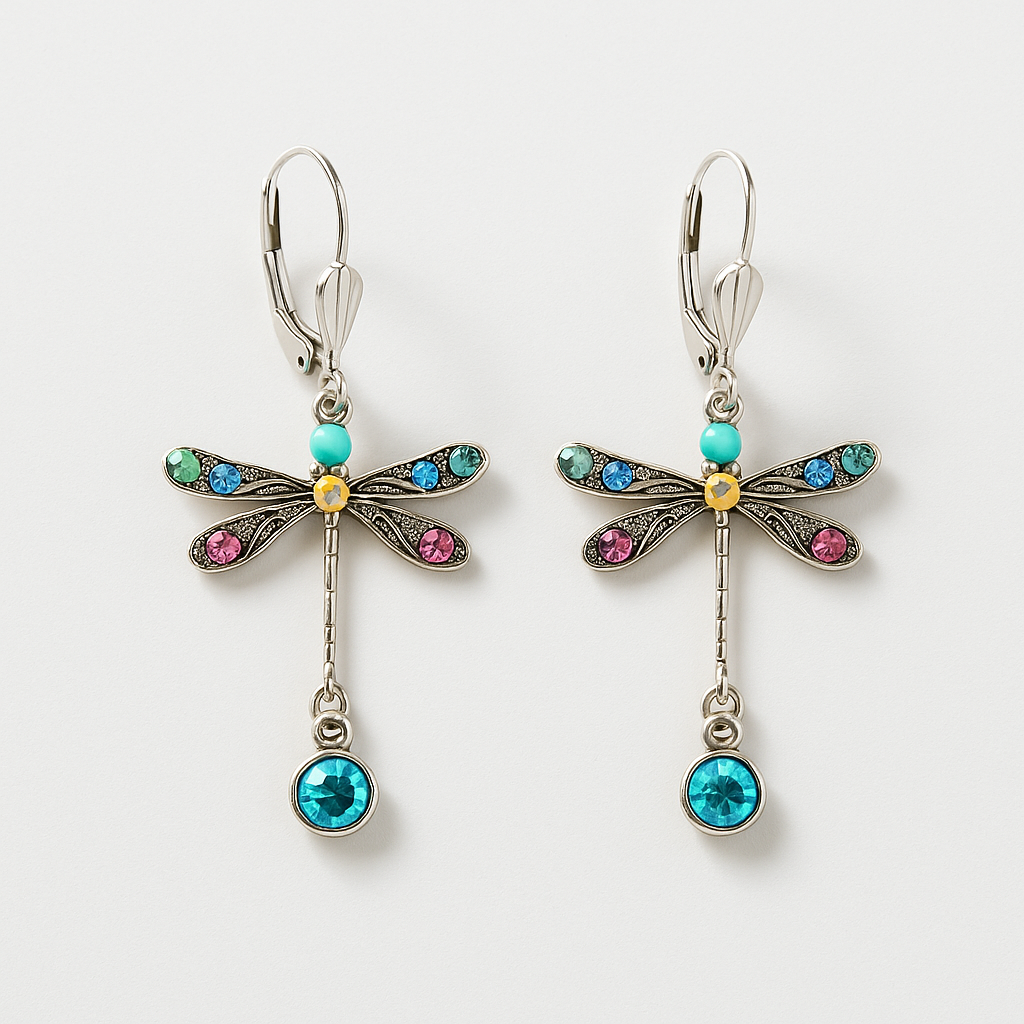 Dragonfly-shaped earrings with colorful gemstones on a white background
