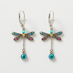 Dragonfly-shaped earrings with colorful gemstones on a white background