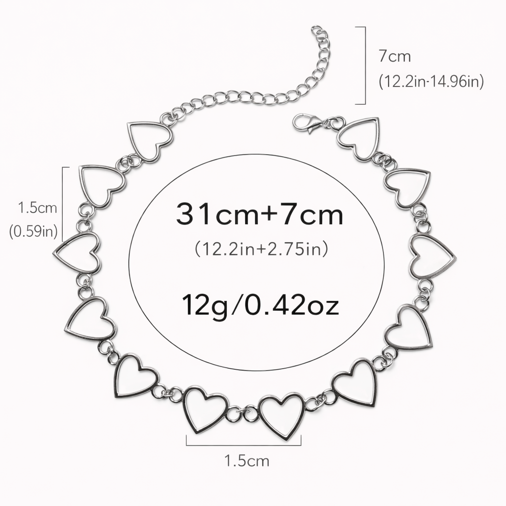 Silver heart-shaped bracelet with measurements on a white background