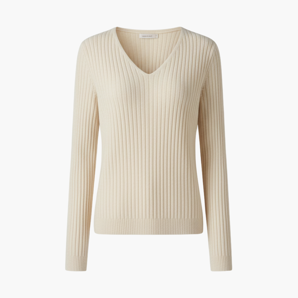 V-Neck Knit Sweater – Long Sleeves – Ribbed Finish
