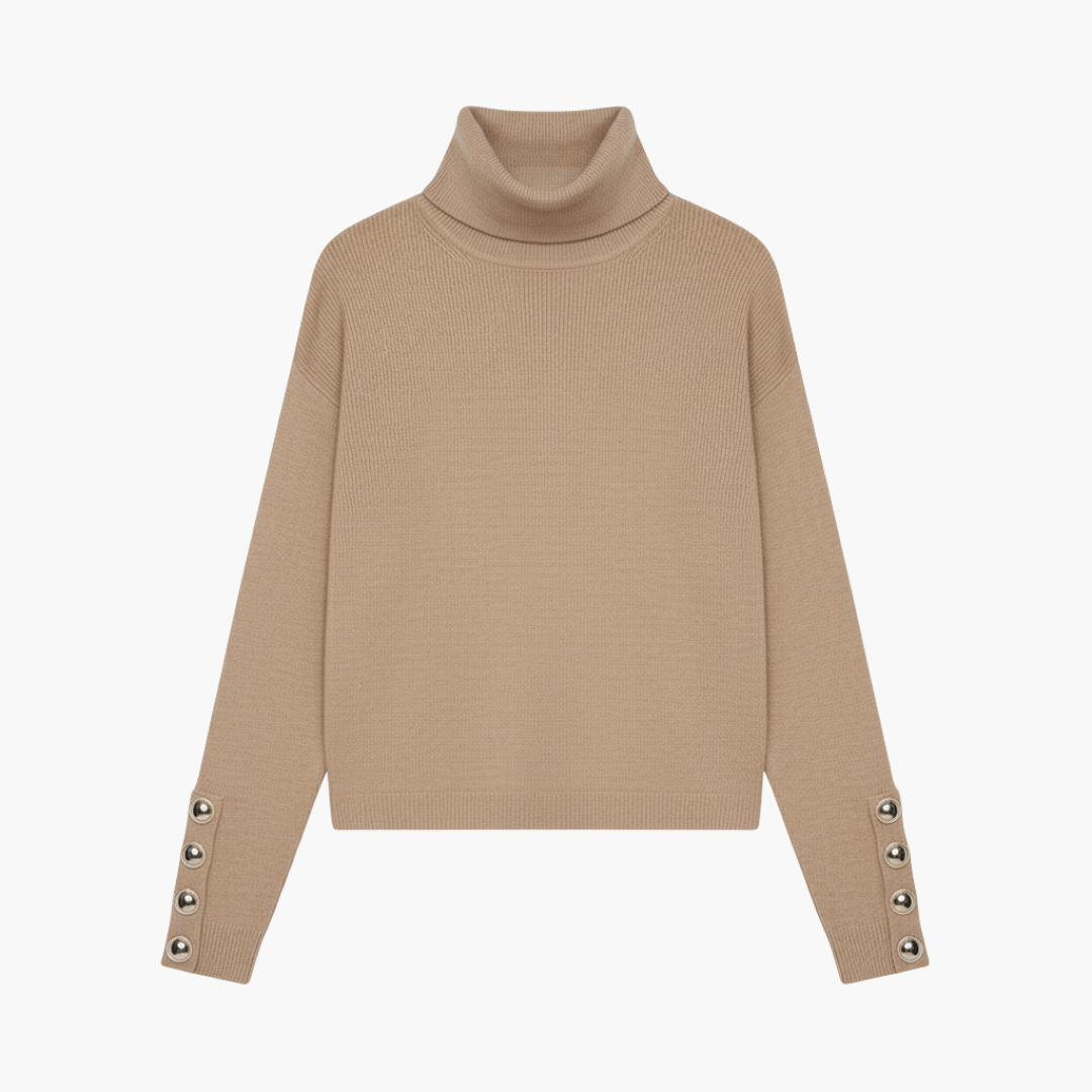 Turtleneck Sweater – Decorative Sleeve Buttons – Long Sleeves