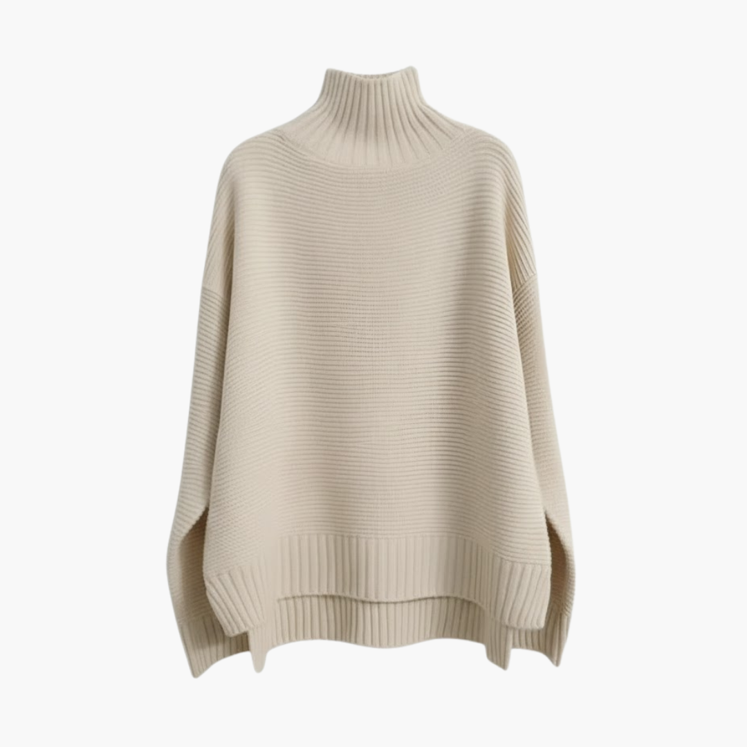 Turtleneck Knit Sweater – Ribbed Texture – Relaxed Hem
