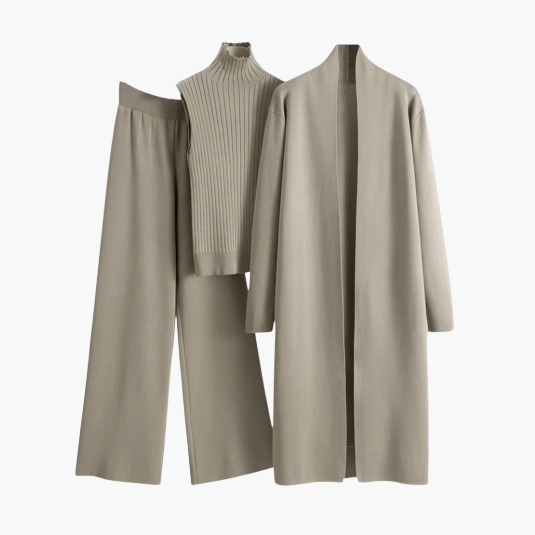 Three-Piece Knit Set – Open Cardigan Sleeveless Top and Wide-Leg Pants