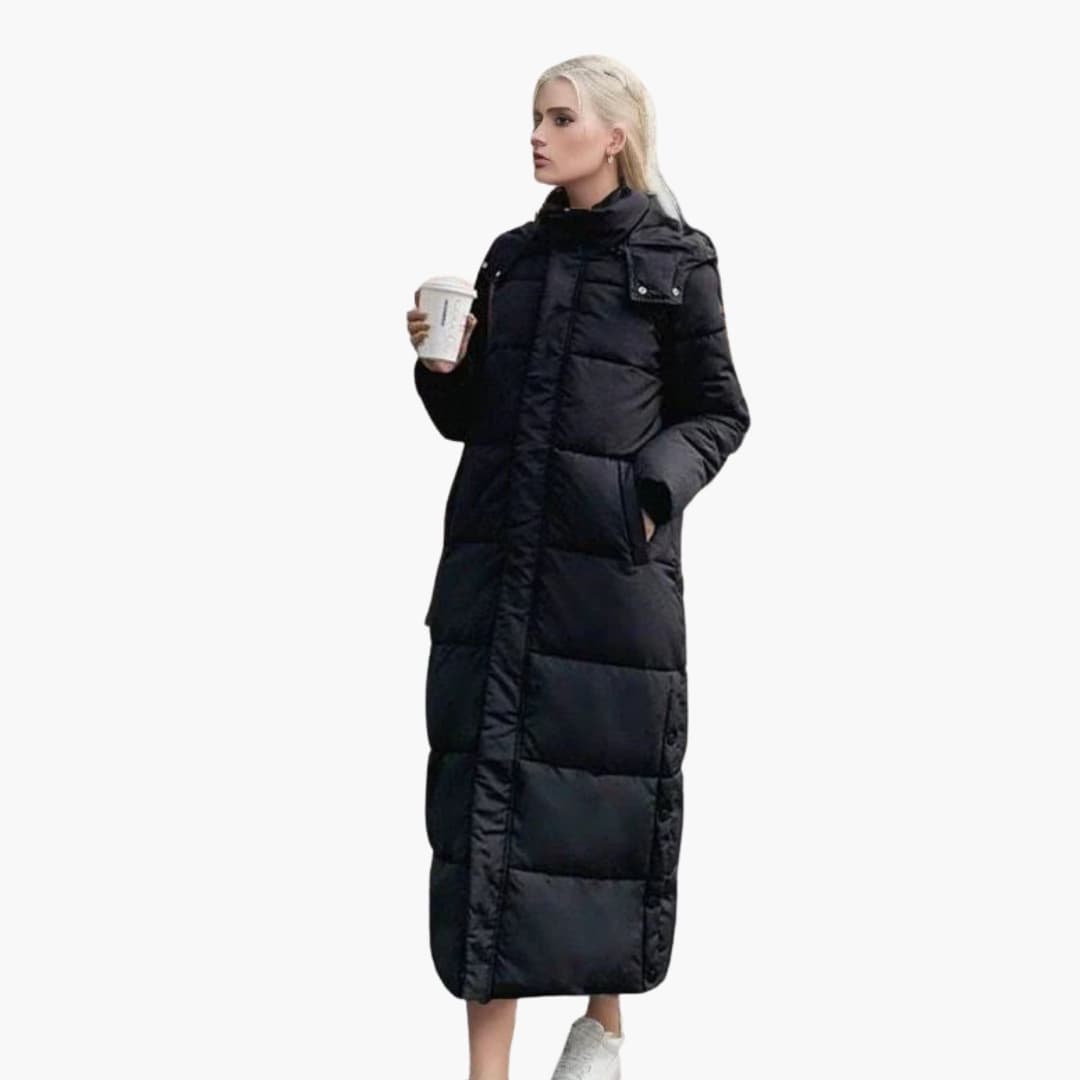Long Winter Coat – Hooded Design – Button Closure