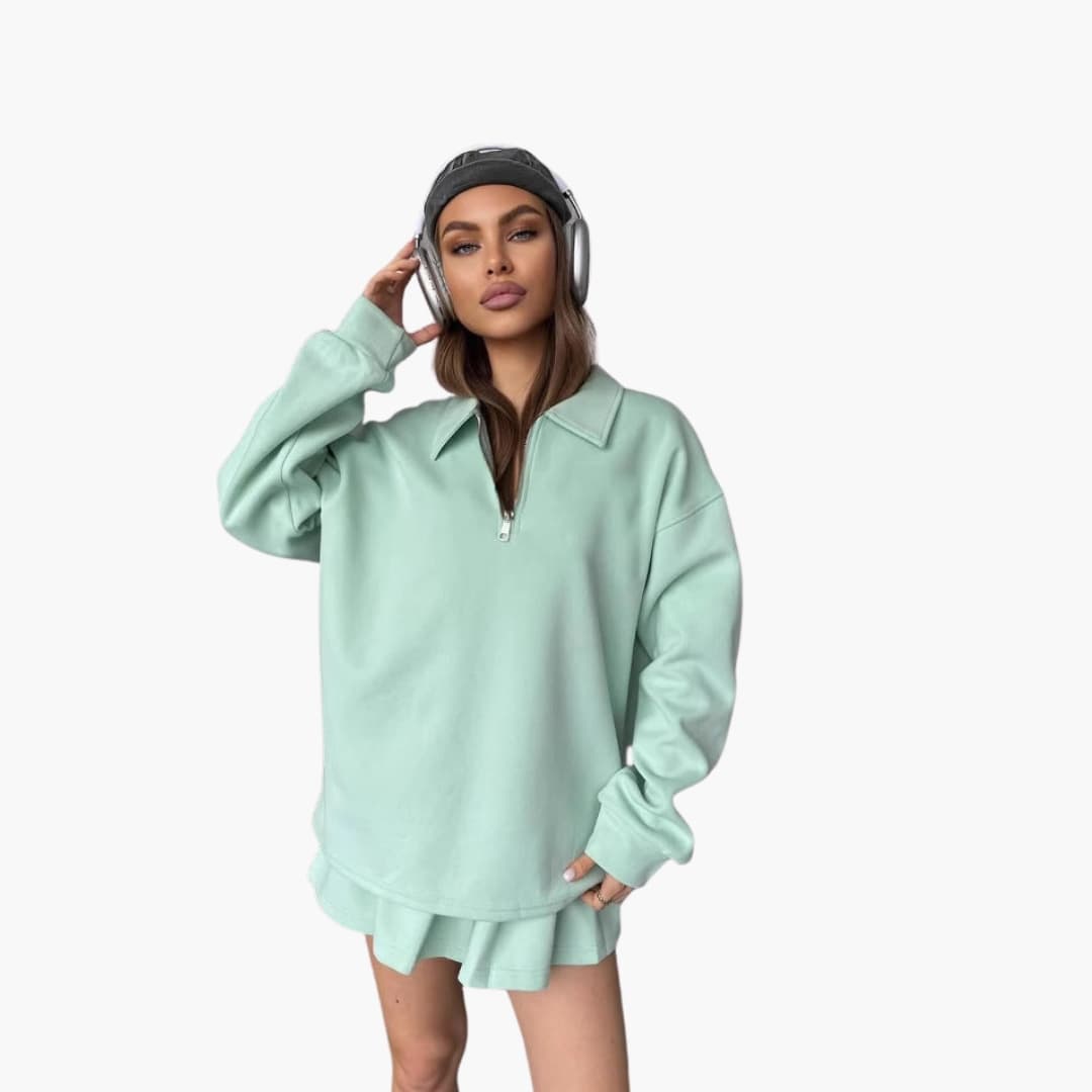 Pullover Set – Half-Zip Top – Pleated Skirt