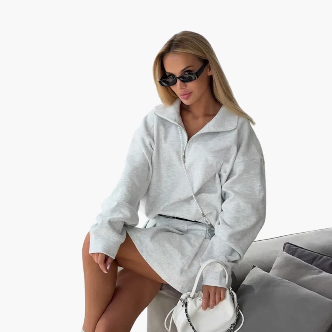 Pullover Set – Half-Zip Top – Pleated Skirt