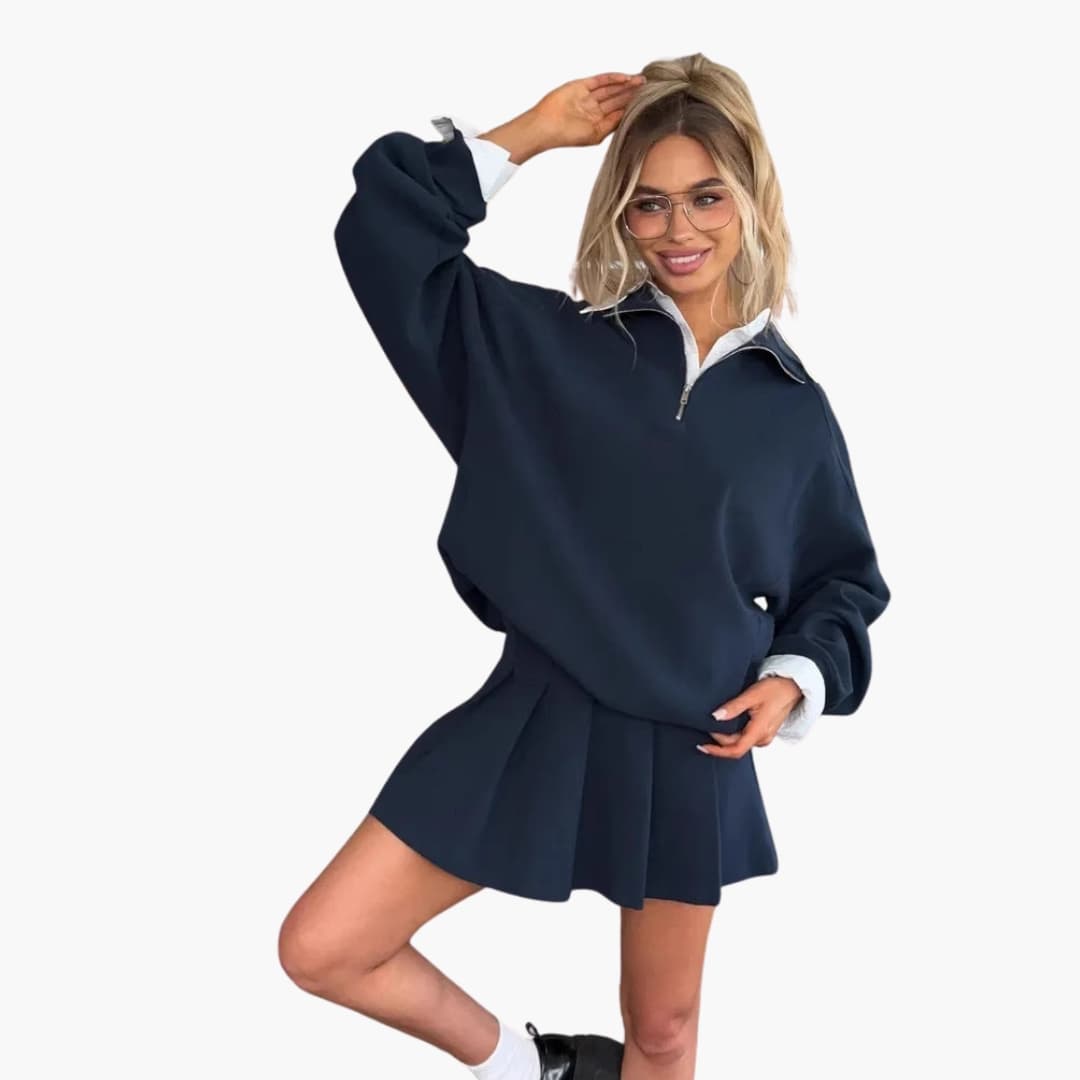 Pullover Set – Half-Zip Top – Pleated Skirt