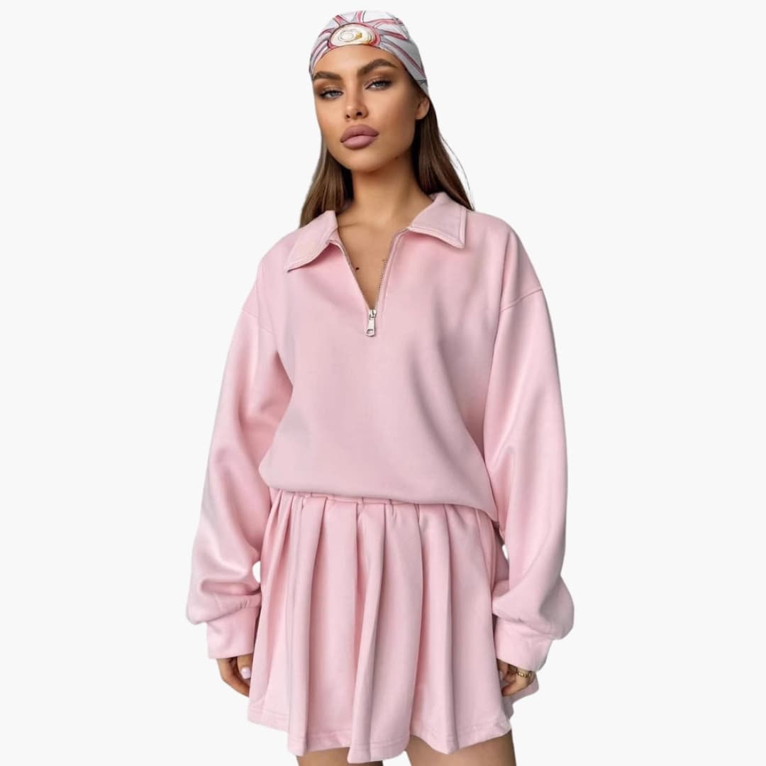 Pullover Set – Half-Zip Top – Pleated Skirt