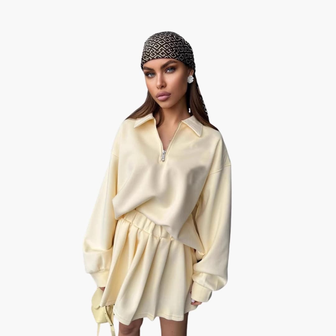 Pullover Set – Half-Zip Top – Pleated Skirt