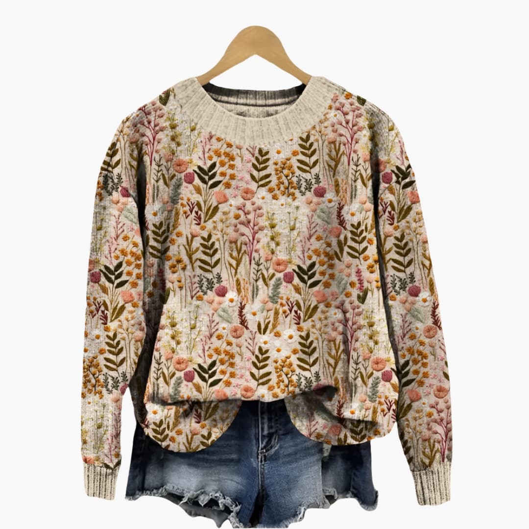 Women's Sweater with Round Neck and Ribbed Cuffs