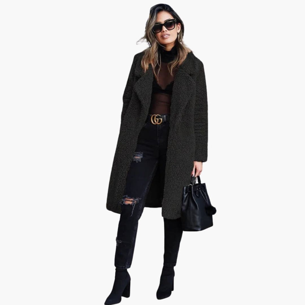 Long Teddy Coat – Wide Collar – Textured Surface