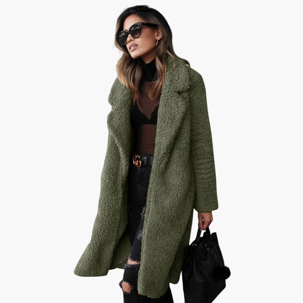 Long Teddy Coat – Wide Collar – Textured Surface
