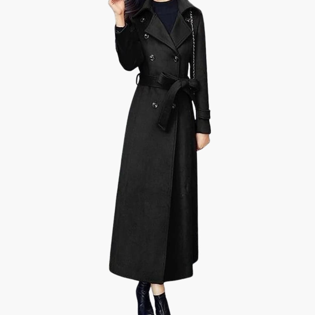 Women's Long Coat with Shawl Collar and Waist Belt