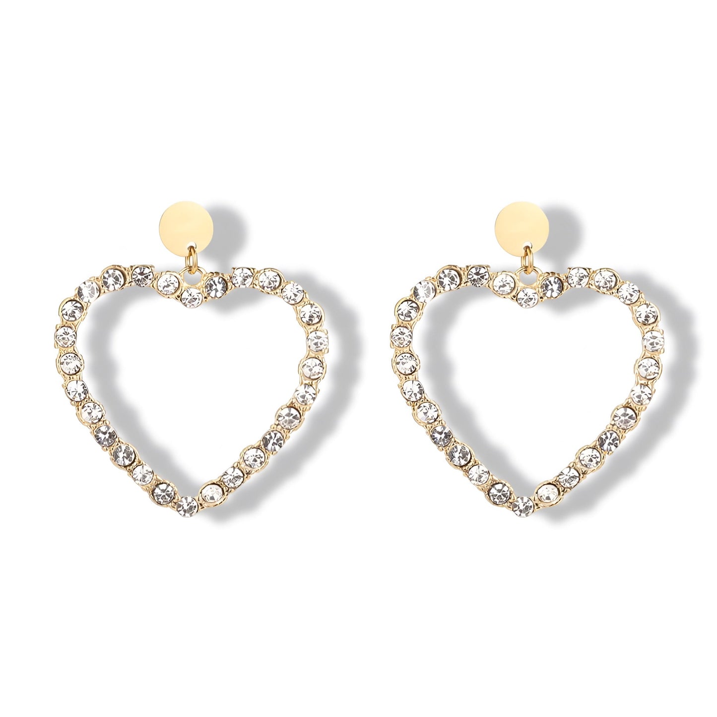 Gold Plated Crystal Heart Drop Earrings – Sparkling Open Heart Dangle Earrings for Women