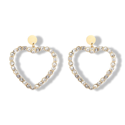 Gold Plated Crystal Heart Drop Earrings – Sparkling Open Heart Dangle Earrings for Women