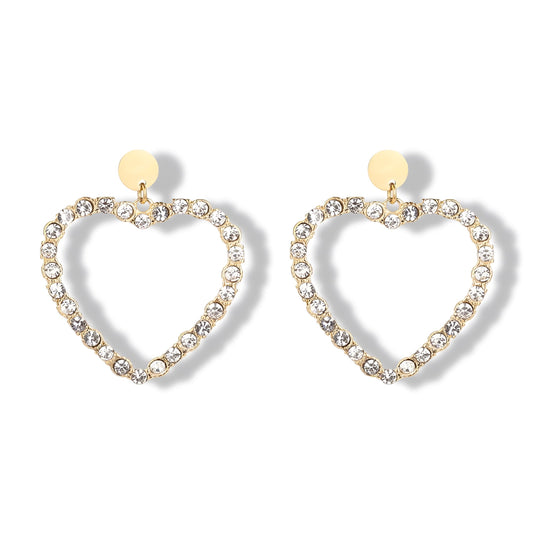 Gold Plated Crystal Heart Drop Earrings – Sparkling Open Heart Dangle Earrings for Women