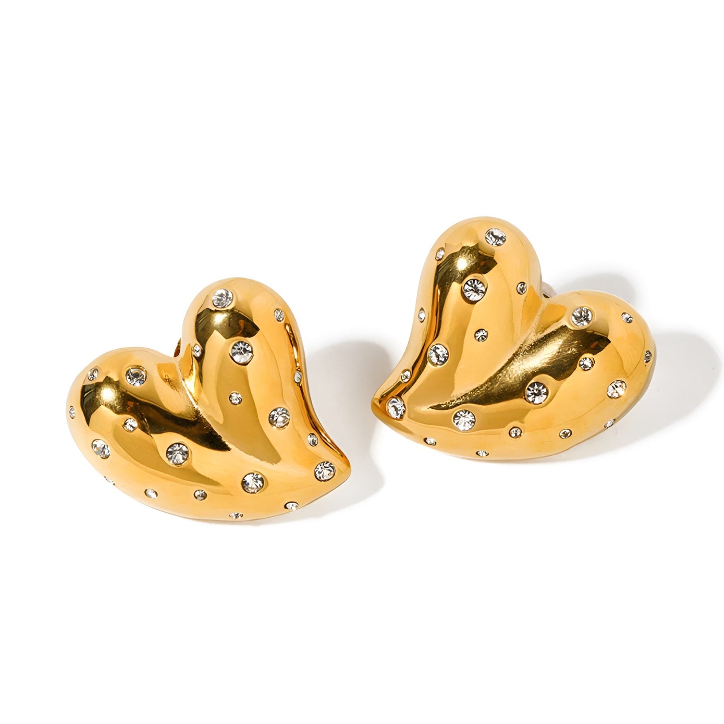 Gold Plated Heart Stud Earrings with Crystals – Sparkling Statement Earrings for Women