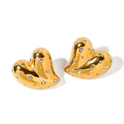 Gold Plated Heart Stud Earrings with Crystals – Sparkling Statement Earrings for Women