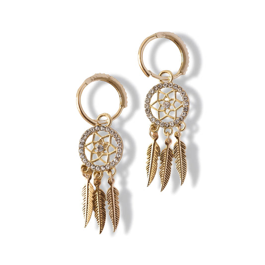 Gold Plated Dreamcatcher Earrings – Crystal Feather Dangle Design