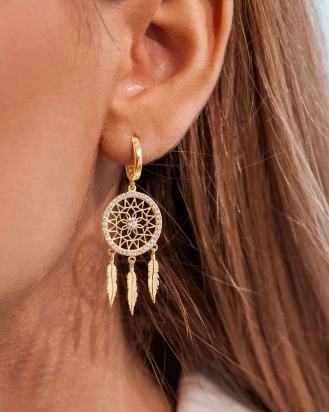Gold Plated Dreamcatcher Earrings – Crystal Feather Dangle Design