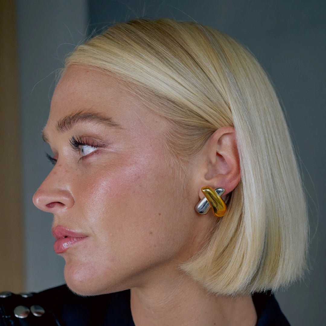 Gold and Silver Plated Knot Stud Earrings – Modern Two Tone Statement Earrings for Women