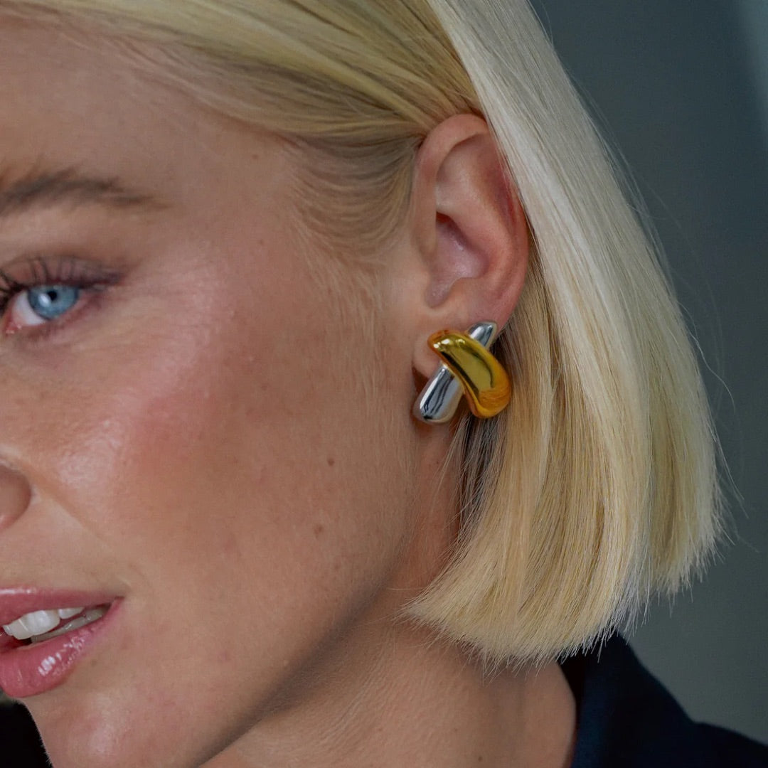 Gold and Silver Plated Knot Stud Earrings – Modern Two Tone Statement Earrings for Women