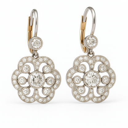 Elegant Vintage-Style Crystal Flower Drop Earrings – Silver & Gold Finish