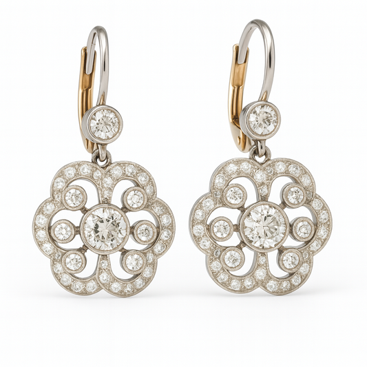 Elegant Vintage-Style Crystal Flower Drop Earrings – Silver & Gold Finish