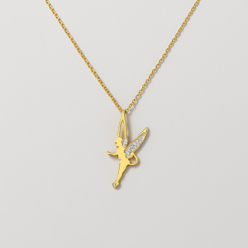 Gold fairy pendant necklace with diamond accents on delicate chain, elegant jewelry piece, perfect for gifts, fashion accessory, women's style.