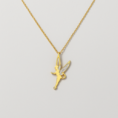 Gold fairy pendant necklace with diamond accents on delicate chain, elegant jewelry piece, perfect for gifts, fashion accessory, women's style.