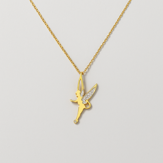 Gold fairy pendant necklace with diamond accents on delicate chain, elegant jewelry piece, perfect for gifts, fashion accessory, women's style.