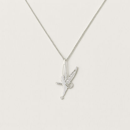Silver fairy pendant necklace with sparkling crystals, delicate chain, elegant jewelry, perfect for gifts, fashion accessory, minimalist design.