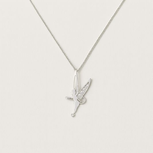 Silver fairy pendant necklace with sparkling crystals, delicate chain, elegant jewelry, perfect for gifts, fashion accessory, minimalist design.