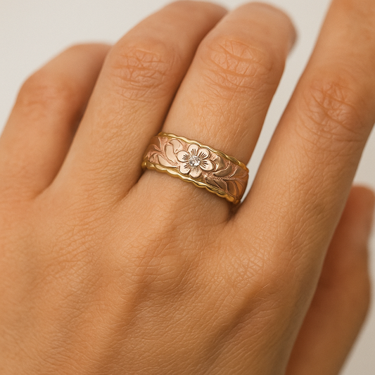Gold ring with floral design on a person's finger against a white background