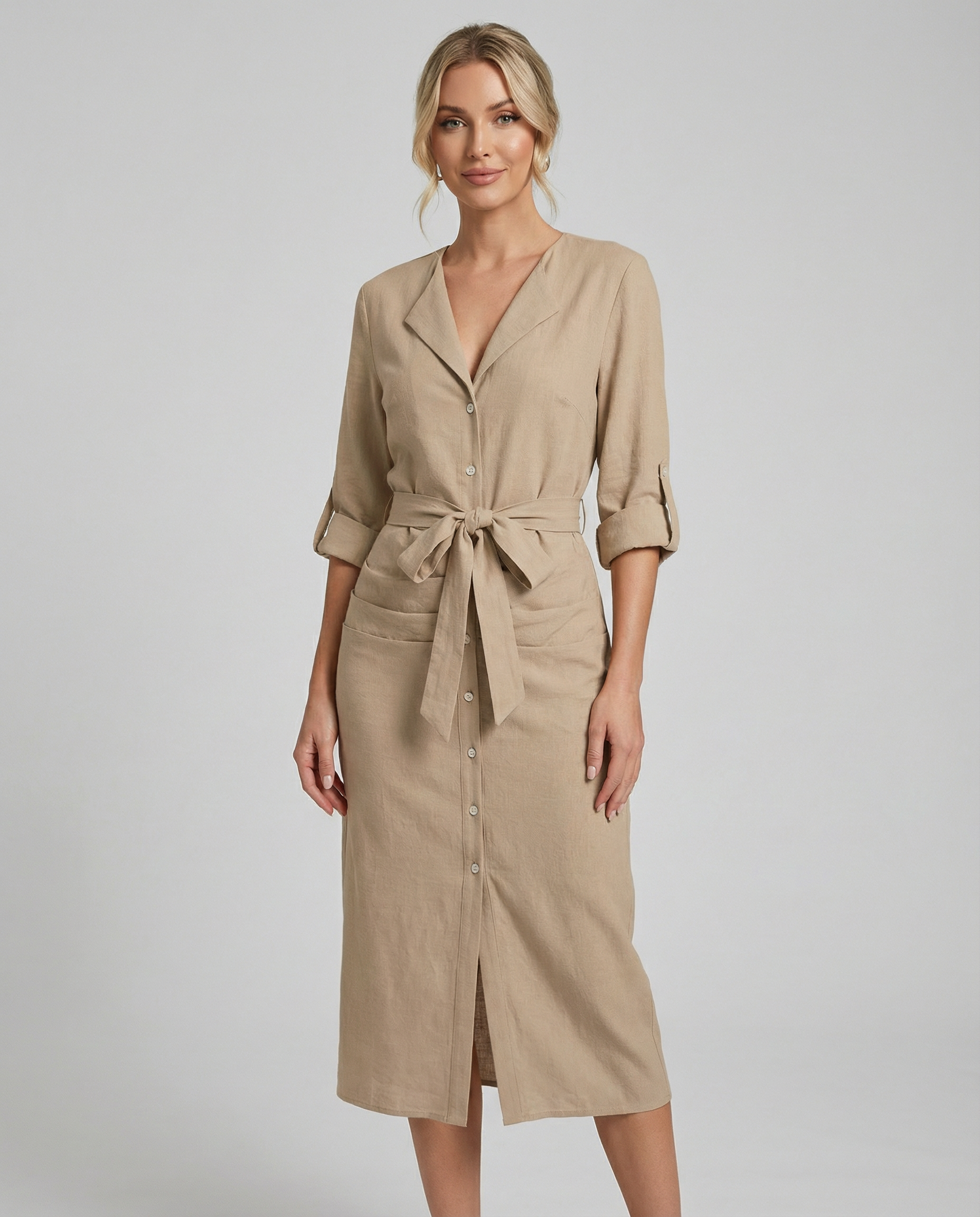 Autumn Elegance Midi Dress – Stylish Lapel Tie Design for Versatile Day to Night Wear