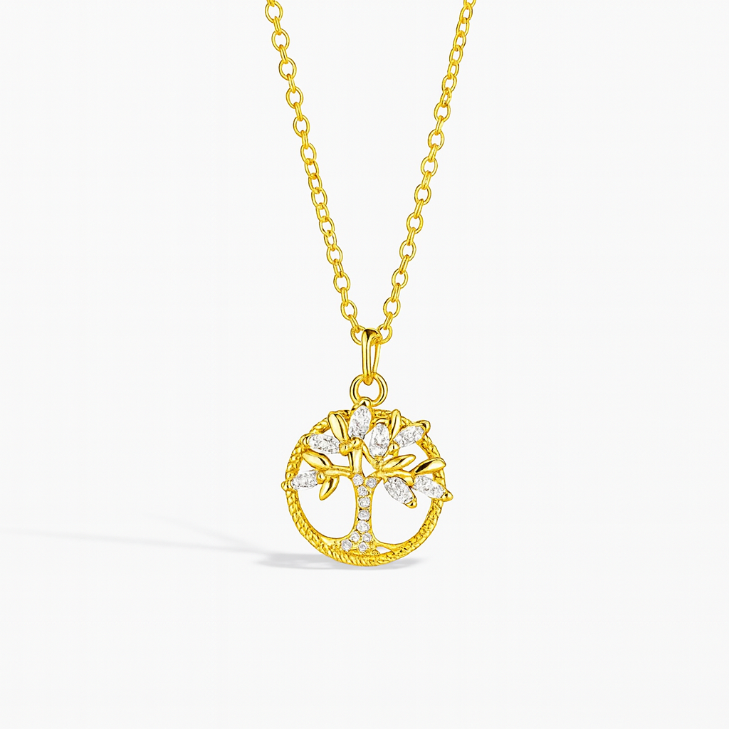 Gold tree of life pendant necklace with diamond accents on a delicate chain, symbolizing growth and strength. Elegant jewelry for women.