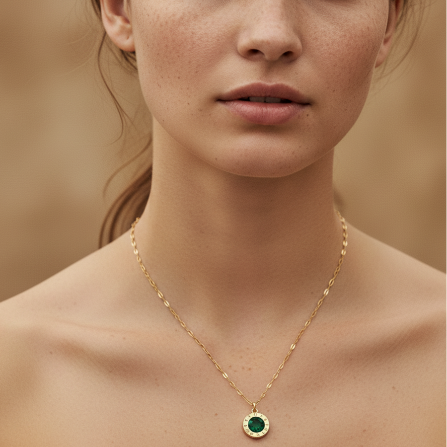 Gold necklace with emerald pendant on woman's neck, close-up. Elegant jewelry, luxury fashion accessory, minimalist design, perfect gift idea.