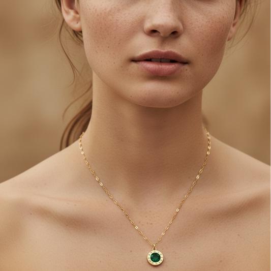 Gold necklace with emerald pendant on woman's neck, close-up. Elegant jewelry, luxury fashion accessory, minimalist design, perfect gift idea.