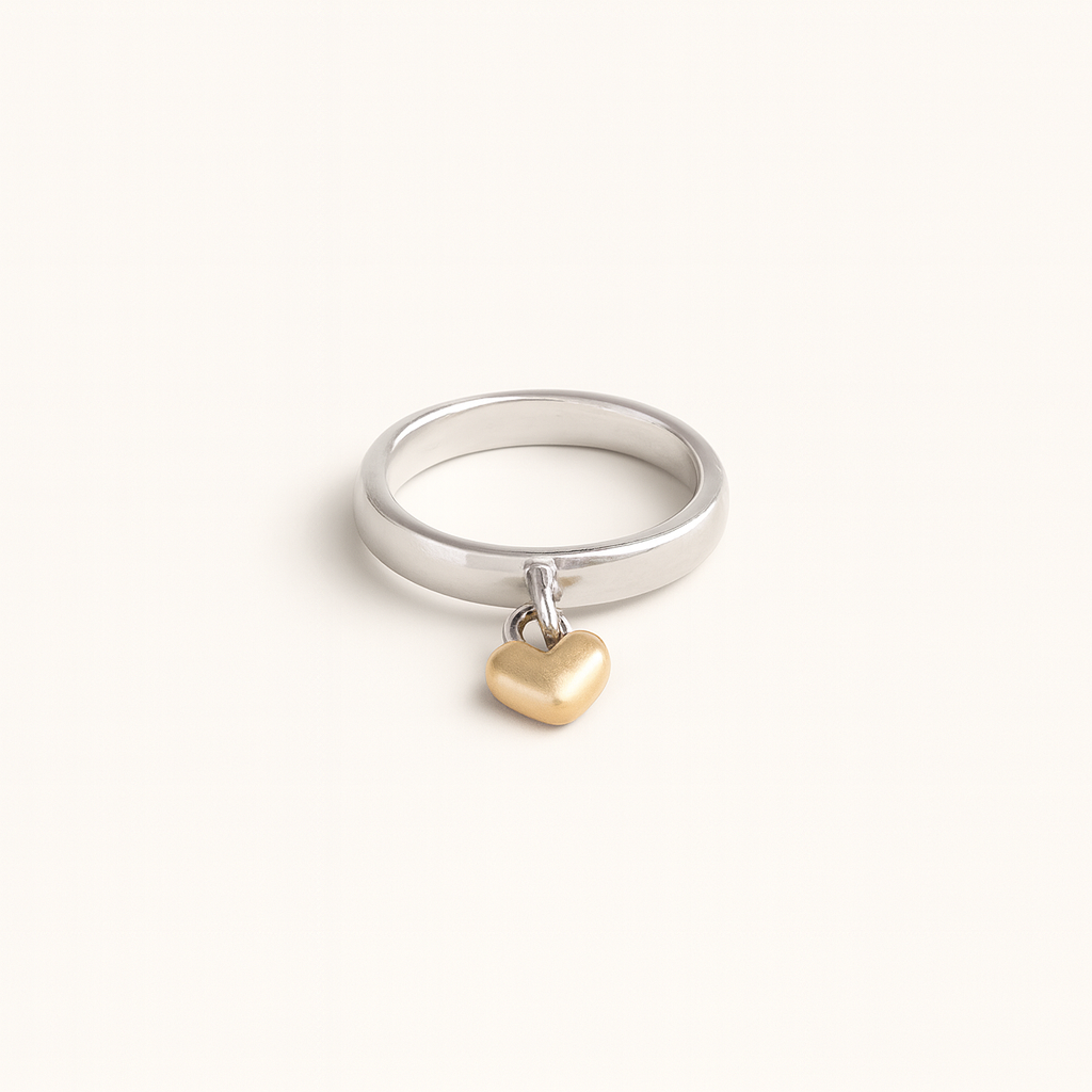 Gold-Tone Heart Charm Ring on Silver Polished Band