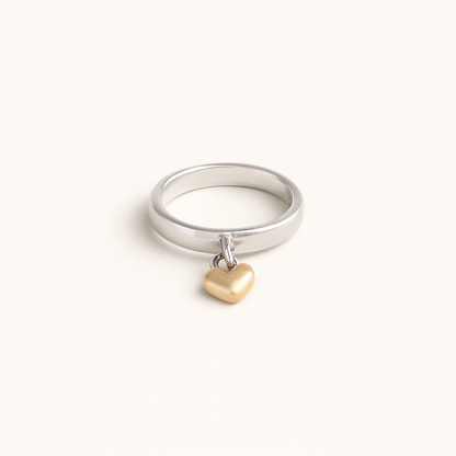 Gold-Tone Heart Charm Ring on Silver Polished Band