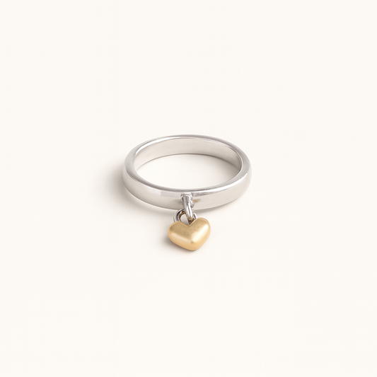 Gold-Tone Heart Charm Ring on Silver Polished Band
