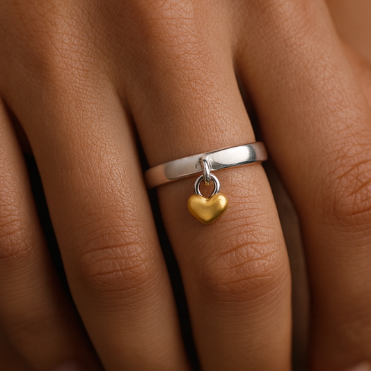 Gold-Tone Heart Charm Ring on Silver Polished Band