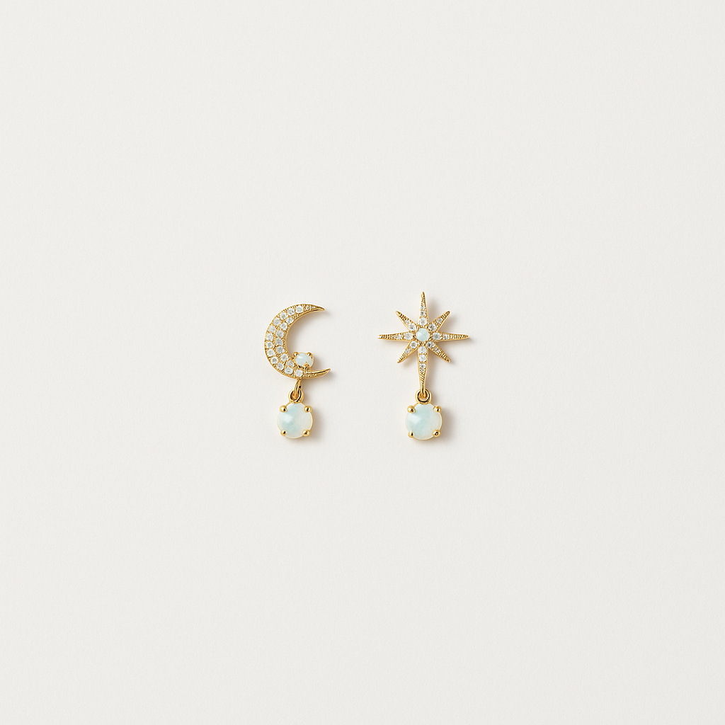 Gold moon and star earrings with opal gemstones, featuring a crescent moon and starburst design, perfect for celestial-themed jewelry lovers.