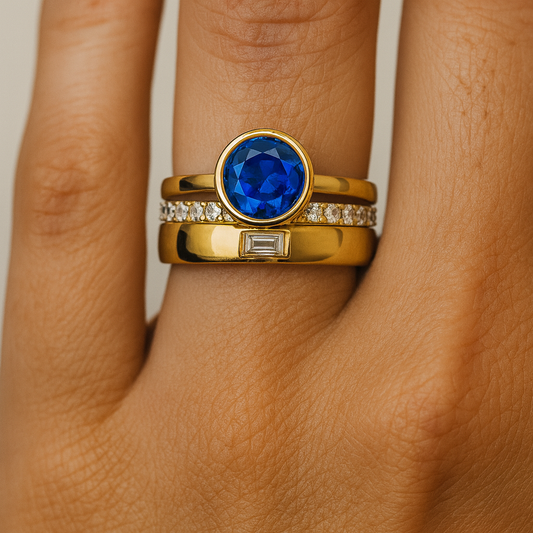 Gold ring with a blue gemstone on a person's finger