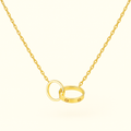 Gold necklace with interlocking rings pendant, featuring a sleek design. Perfect for elegant jewelry collections and fashion accessories.